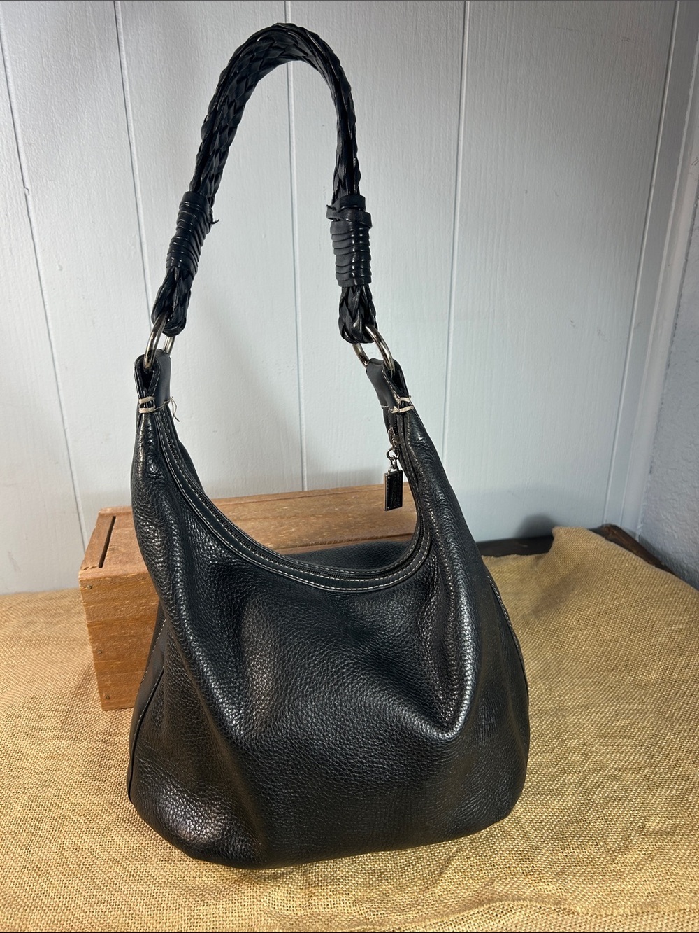 Donald J. Pliner Black Pebbled Leather Shoulder Bag with Braided Handle
